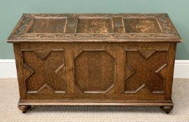 VINTAGE CARVED OAK BLANKET BOX with shaped panels to the front, 58cms H, 107cms W, 49cms D