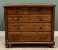 ANTIQUE FIGURED MAHOGANY CHEST of two short over three long drawers with turned wooden knobs, side