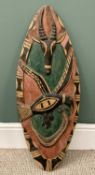 AFRICAN TRIBAL PAINTED SHIELD, 82 x 32cms