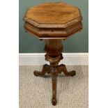 VICTORIAN FIGURED WALNUT OCTAGONAL TOP SEWING TABLE segmented column on tripod supports, with fitted