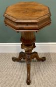 VICTORIAN FIGURED WALNUT OCTAGONAL TOP SEWING TABLE segmented column on tripod supports, with fitted