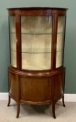 ANTIQUE MAHOGANY CHINA CABINET bow fronted with glazed top and cupboard below on splayed supports,