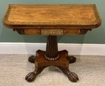 ANTIQUE MAHOGANY FOLDOVER TEA TABLE with brass inlay, on reeded column support and quatrefoil base