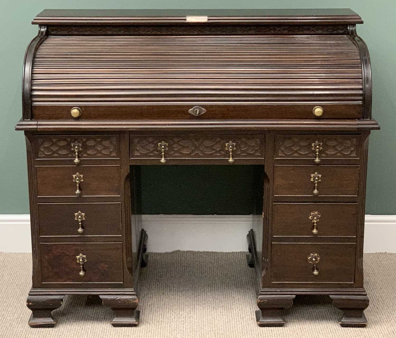 CIRCA 1900 MAHOGANY ROLL TOP DESK, quality example with twin pedestals having a tambour top, fine