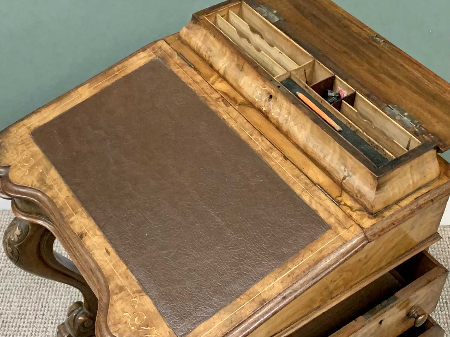 VICTORIAN BURR WALNUT DAVENPORT with raised stationery box top, sloped tooled leatherette surface, - Image 5 of 6