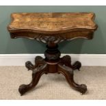 VICTORIAN BURR WALNUT FOLDOVER CARD/GAMES TABLE with baize lining, the shaped top on a pedestal