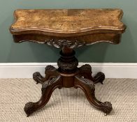 VICTORIAN BURR WALNUT FOLDOVER CARD/GAMES TABLE with baize lining, the shaped top on a pedestal