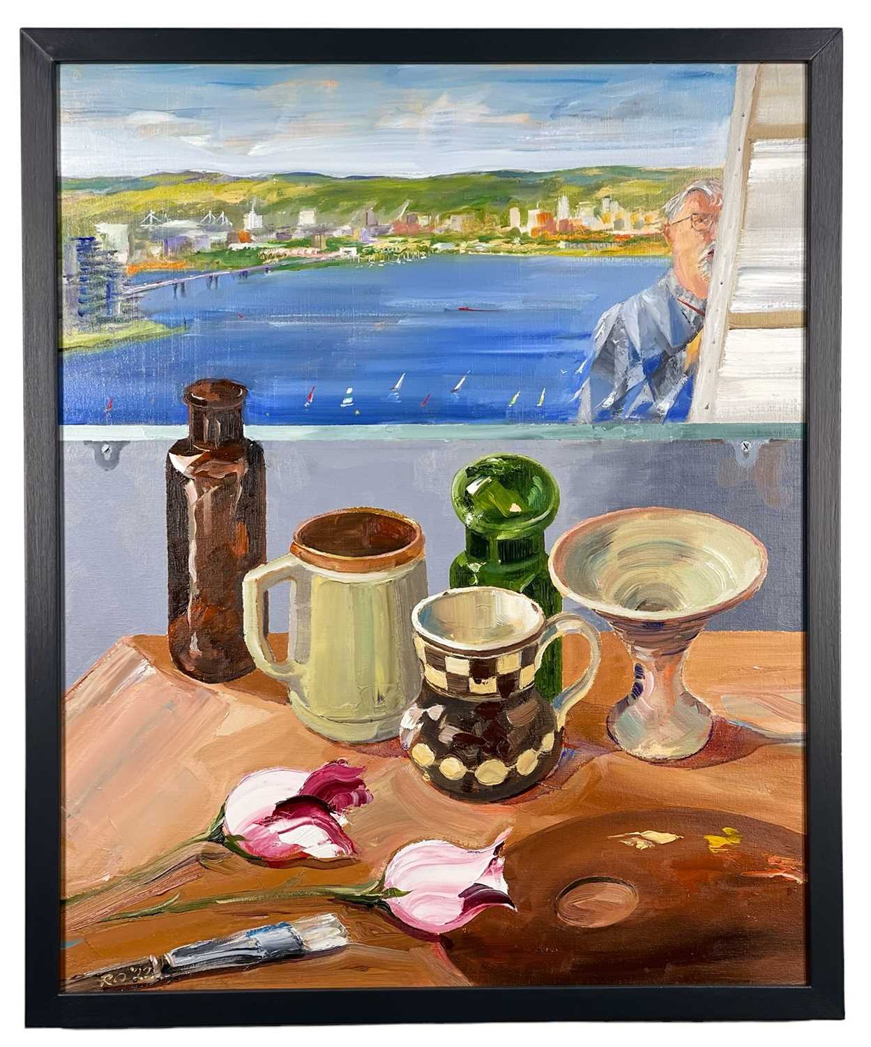RICHARD O'CONNELL oil on canvas - still life with self portrait and view of Cardiff Bay, signed - Image 2 of 2