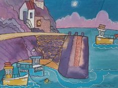 DORIAN SPENCER DAVIES mixed media - 'Porthgain Boats', 52 x 64cmsComments: mounted, glazed and