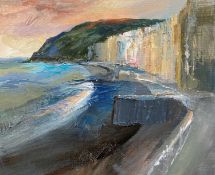 KAREN PEARCE acrylic on canvas - 'North Prom, Aberystwyth', 39 x 44cmsComments: framed in grey wood