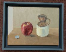RICHARD O'CONNELL oil on board - 'Still Life Red Apple', 26 x 36cmsComments: grey floating frame