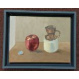 RICHARD O'CONNELL oil on board - 'Still Life Red Apple', 26 x 36cmsComments: grey floating frame