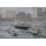 JAMES WOLFENDON pastel - 'Buildings and Boats', 52 x 56cmsComments: framed in pine