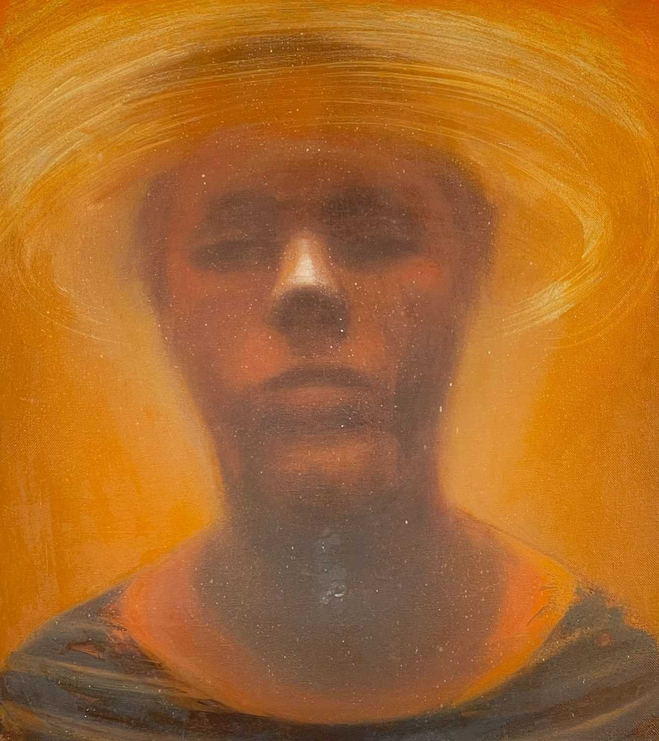 EMMA McCALLUM oil on canvas - head and shoulders portrait of a figure with halo, signed verso, 49