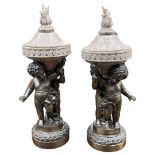Decorative Pair of Modern Bronze Effect Composite Lidded Candlesticks
