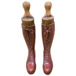 Fine Pair of Tall Lace Up Leather Boots and Wooden Boot Lasts