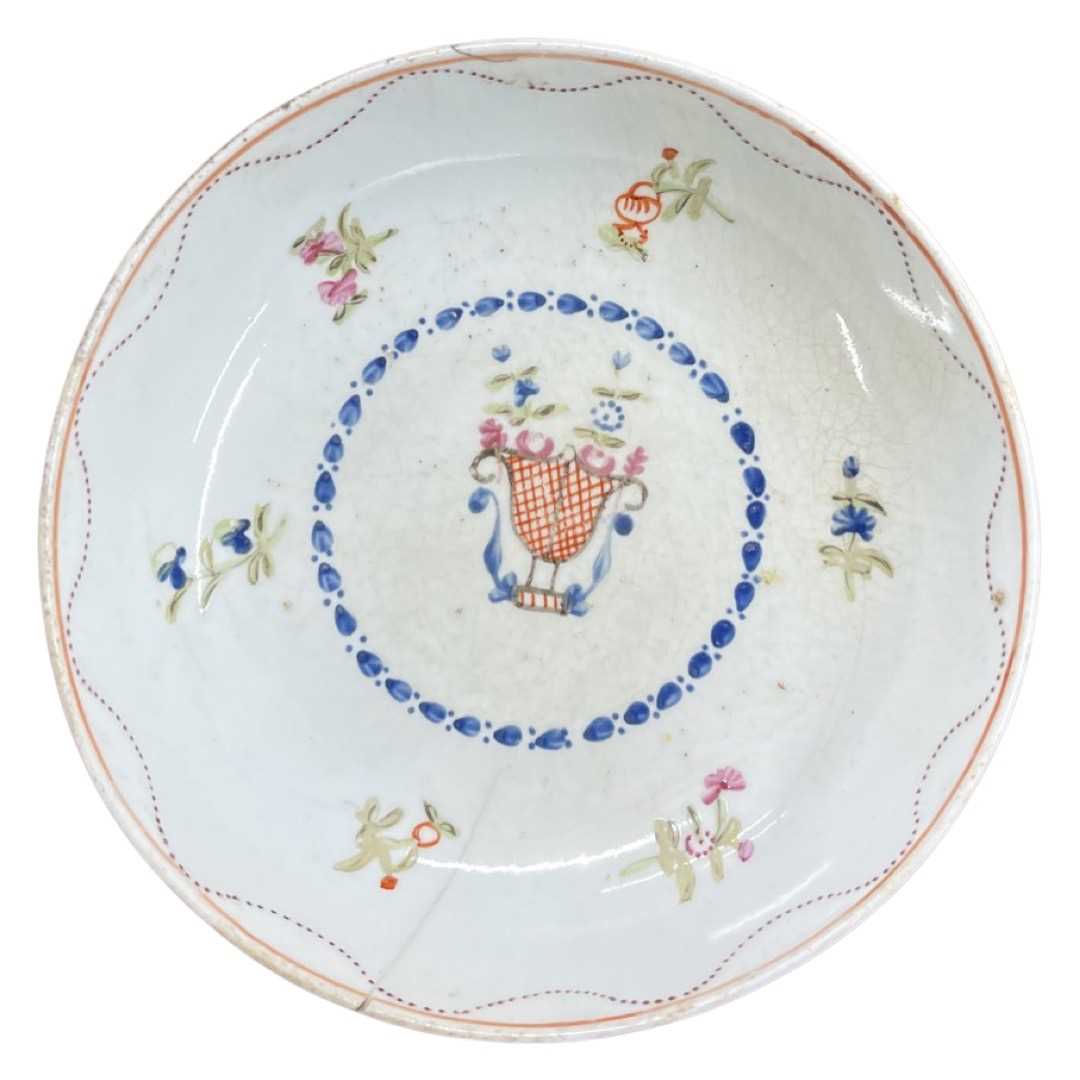 An 18th century English porcelain saucer by Newhall, with a dotted purple border - Image 3 of 3