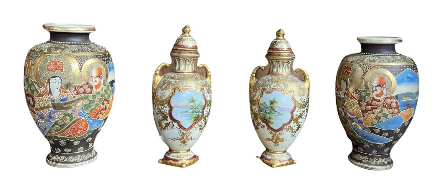 Pair of Noritake hand painted vases and covers