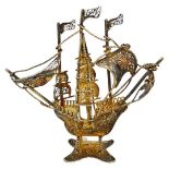 Silver Gilt And Enamel Novelty Filigree Galleon Ship C1940