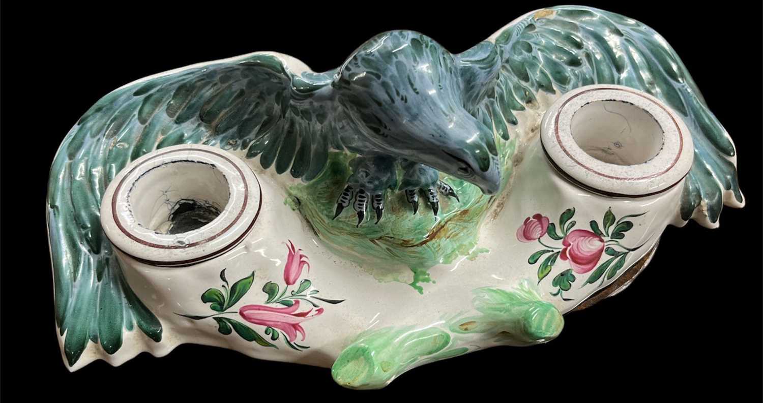 A late 19th century continental porcelain eagle ink well