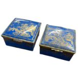A pair of 20th century Crown Staffordshire blue trinket boxes with gold hand painted decoration