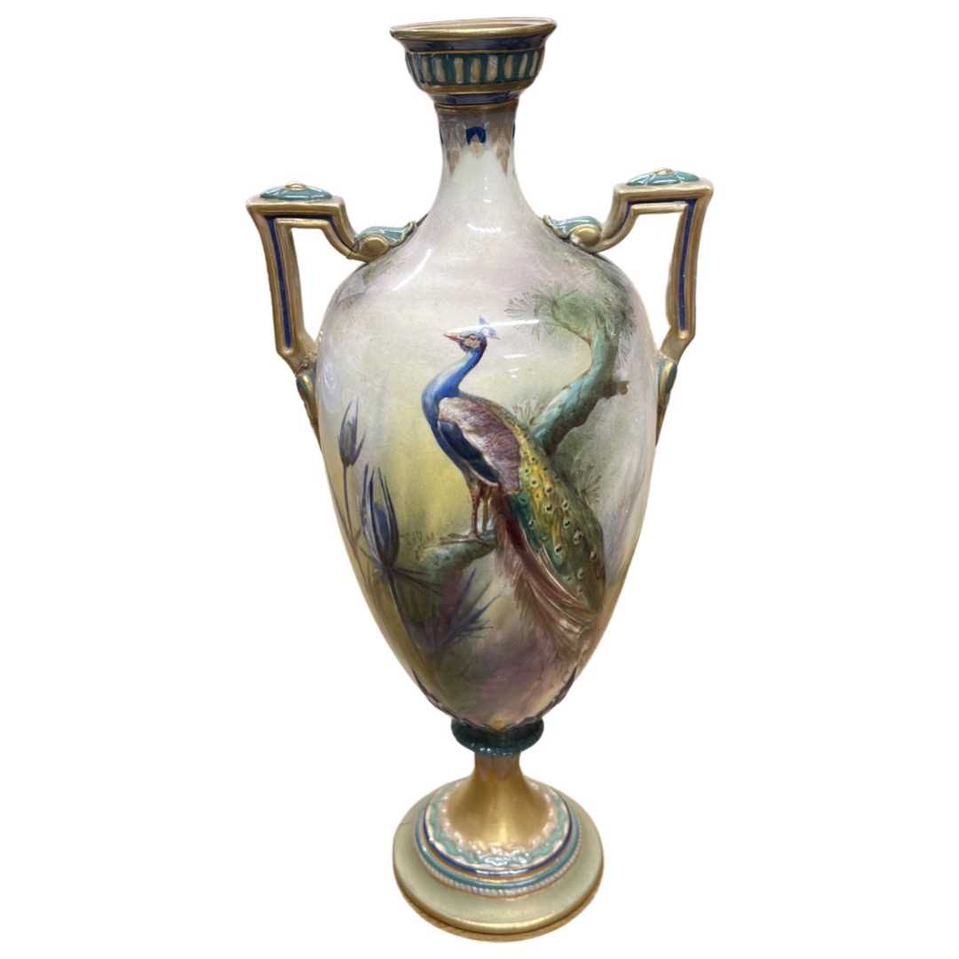 Hadley's Worcester two handled cabinet vase depicting Peacocks