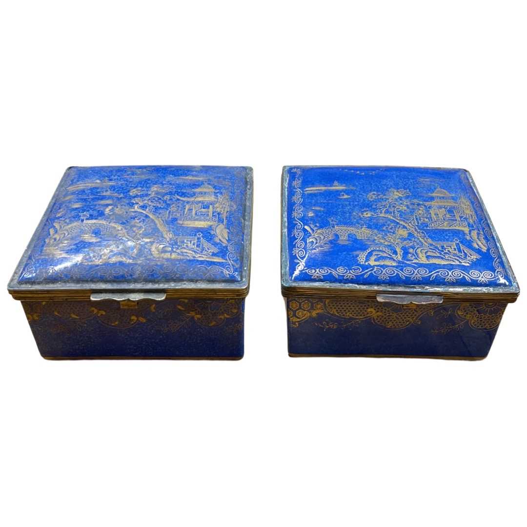 A pair of 20th century Crown Staffordshire blue trinket boxes with gold hand painted decoration - Image 3 of 5