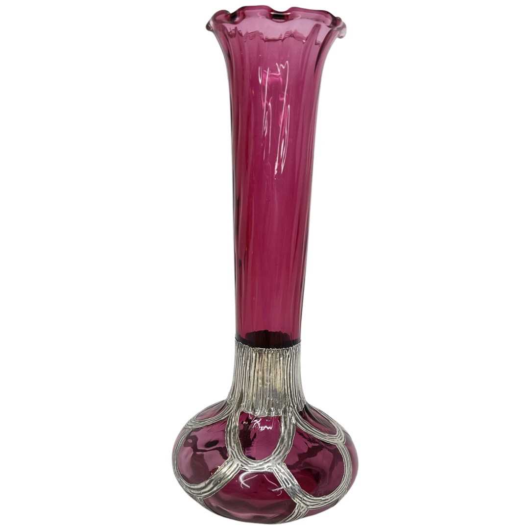 Cranberry Glass Vase with Applied Silver Decoration. Sheffield 1997