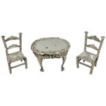 Novelty Silver Table and a Pair of Novelty Ladder Back Chairs. 41 g. Sheffield 1900, Samuel Boyce La
