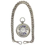 Silver Blue Enamelled Pocket Watch and Chain, 96g