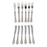 Set of 6 Good Quality Art Deco Silver Handled Dessert Knives and Forks.