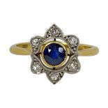 18ct Gold Sapphire and Diamond Art Deco Style Ring, Size 6 / Size L