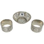 Pair of Good Quality Silver Napkin Rings and a Small Pin Dish. 75 g. Josiah Williams.