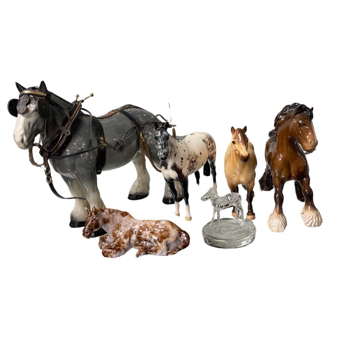 Longton horse together with three Beswick horses