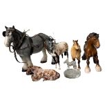 Longton horse together with three Beswick horses