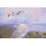 MICHAEL MORLEY (BRITISH, 20TH/21st CENTURY) Geese in Flight over an Estuary