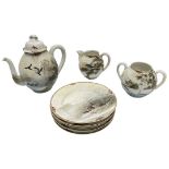 Japanese Eggshell Tea Set Finely Decorated with Birds and Gilt Borders