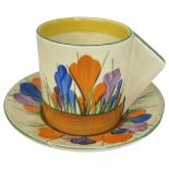 A Rare Clarice Cliff Solid Conical Handled Coffee Can and Saucer, Autumn Crocus.