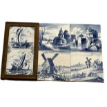 Two blue and white Delft tiles depicting boats