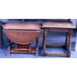 Reproduction coffin stool and small oak gateleg table