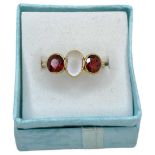 Antique 18ct Gold Garnet and Moonstone Trilogy Ring, 3.2g.