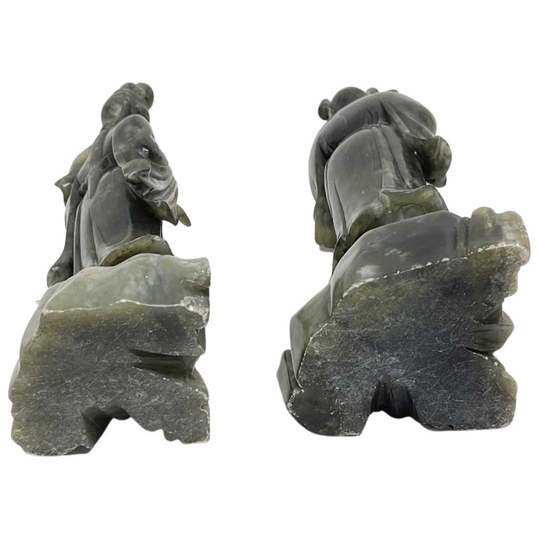 A Pair of Chinese Green Hard Stone Carvings of Traditionally Robed Figures - Image 3 of 4