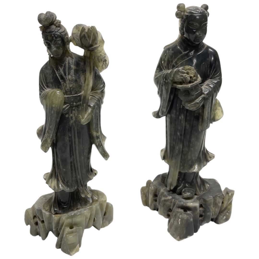 A Pair of Chinese Green Hard Stone Carvings of Traditionally Robed Figures