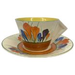 Clarice Cliff Indented Solid Conical Handled Cup and Saucer, Autumn Crocus.