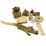 Collection of Ten Ivory Pieces to Include Netsukes, Crocodile, figure group with parasol