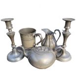 A Mixed Lot Comprising ; A Pair of Pewter Candlesticks,