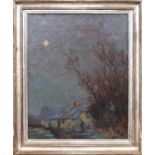 CIRCLE OF SIR GEORGE CLAUSEN, RA, A Farm Worker by a Cottage at Moonlight