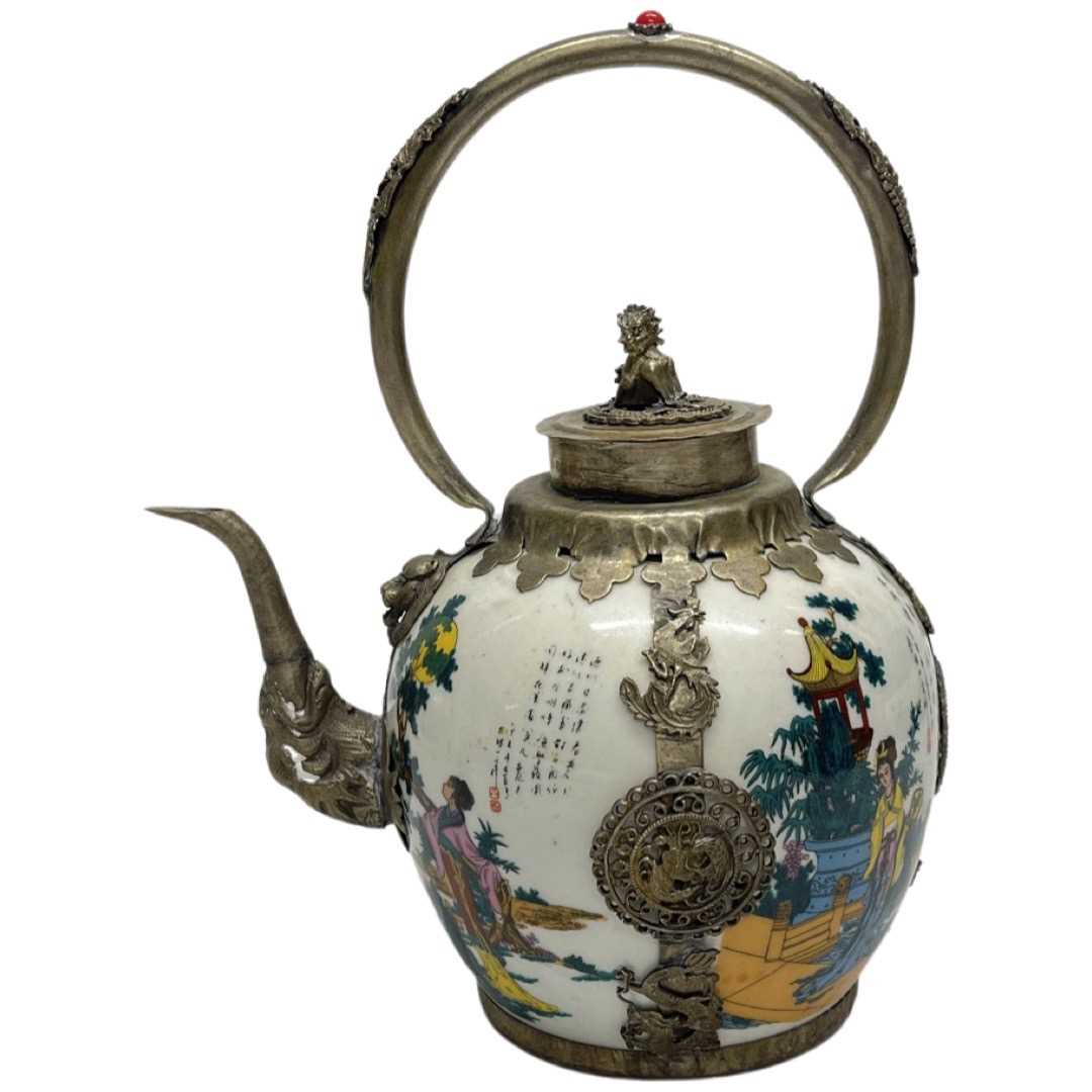 Small White Metal Mounted Chinese Teapot, Early 20th Century