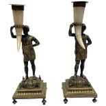 A Pair of Late 19th Century Cast Brass and Bone Blackamore Candlesticks