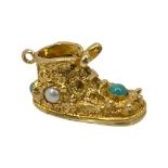 rare 9ct gold Turquoise & Pearl boot charm - hallmarked London 1967, 3.3g